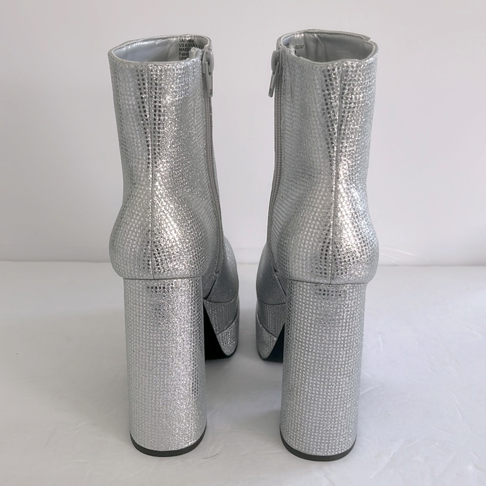 SHOE DAZZLE Silver Platform Ankle Chunky Heel Boots Rhinestone Shoes Size 6.5 - Picture 10 of 12